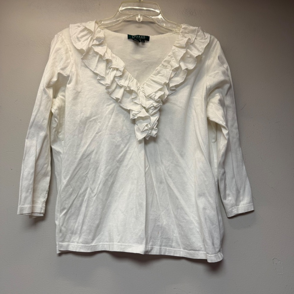 Lauren Ralph Lauren Ruffle V-Neck Top Womens XL White Excellent 3/4‎ Sleeve